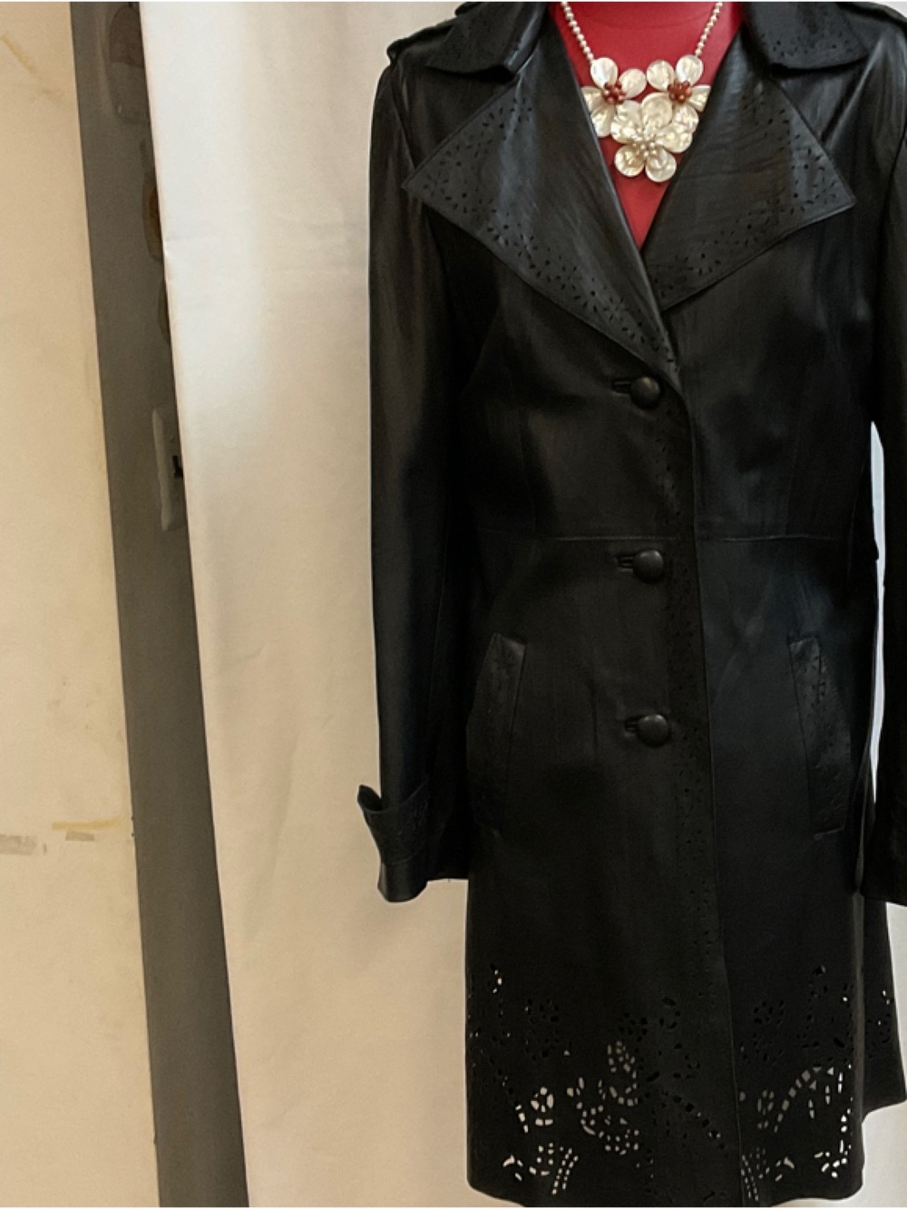 Gallery Black Leather Trench Coat with Laser-Cut Hem